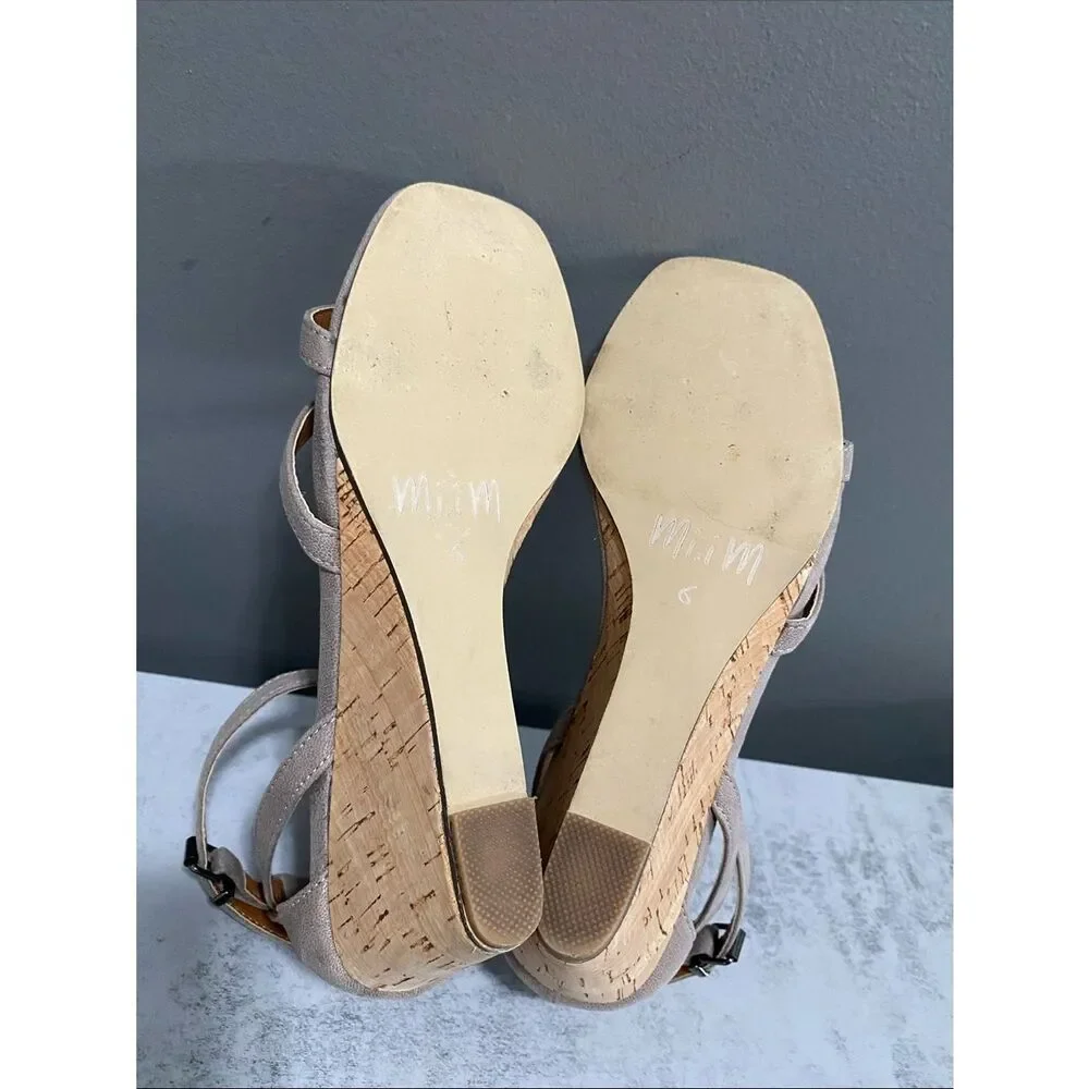 Mi.iM Women's Leather Taupe Wedge Sandals with Ankle Strap Size 6